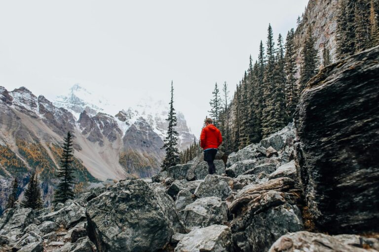 A hiker in a red jacket navigates a rocky trail surrounded by pine trees and snow-capped mountains.