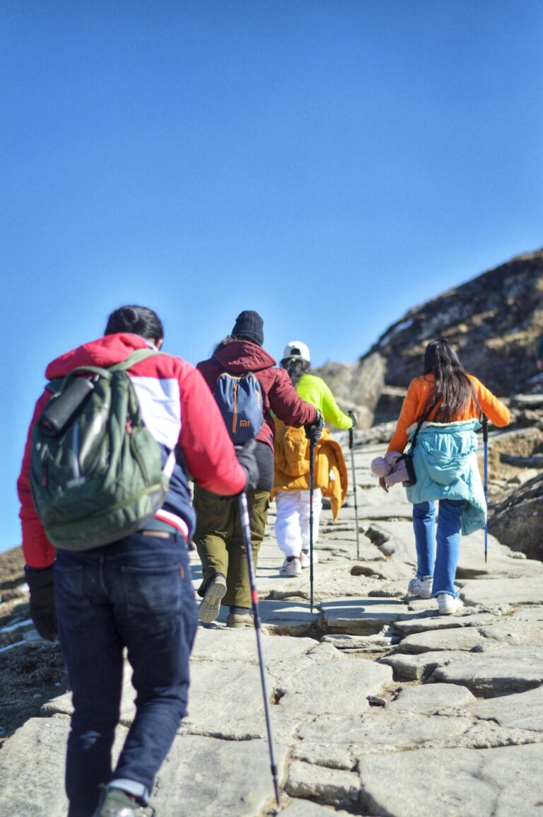 Group of hikers with trekking poles and backpacks ascending a rocky mountain trail on a clear day.